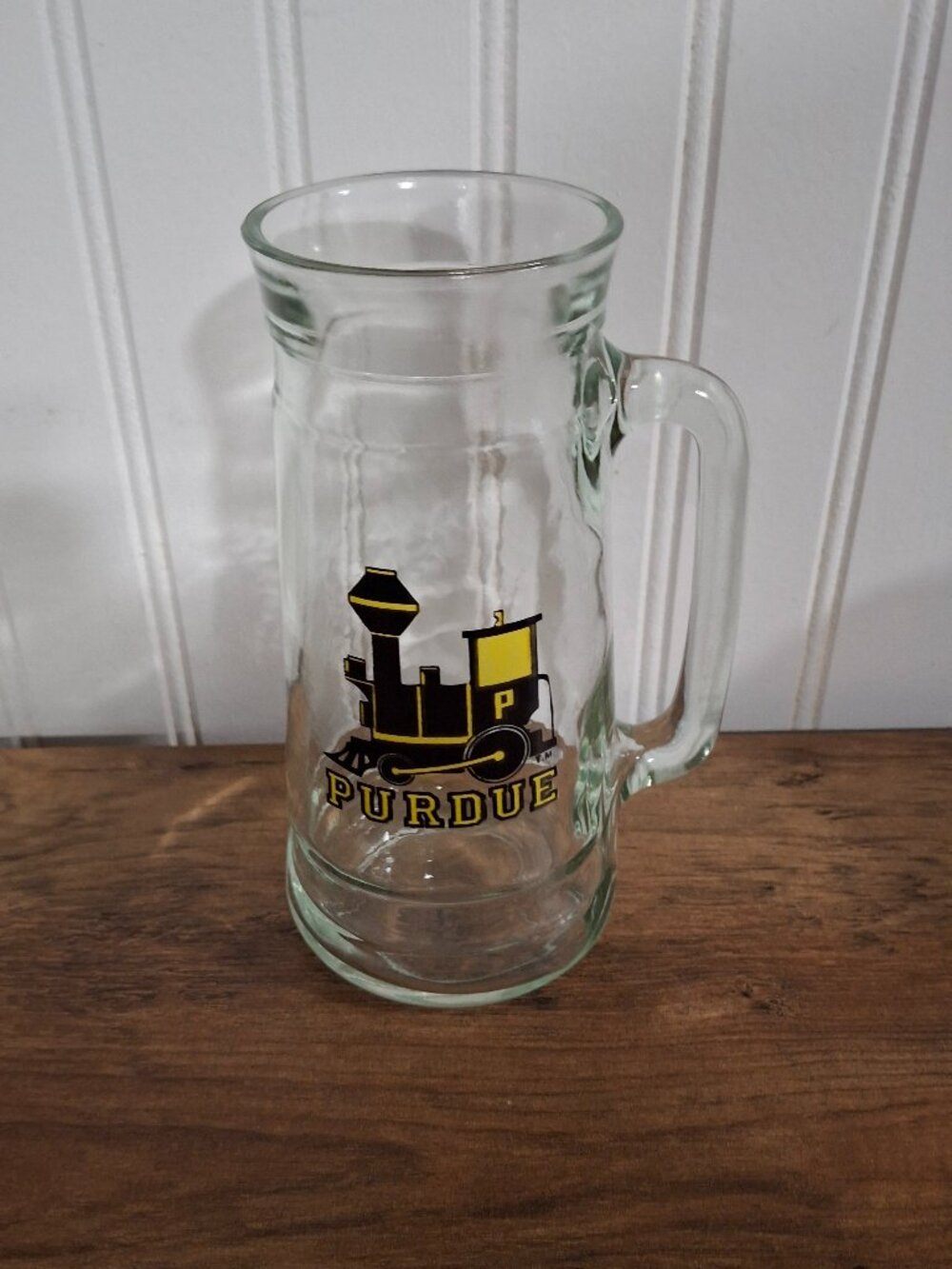 Vintage 80s Purdue University Clear Glass Beer Mug Boilermakers Train Stein